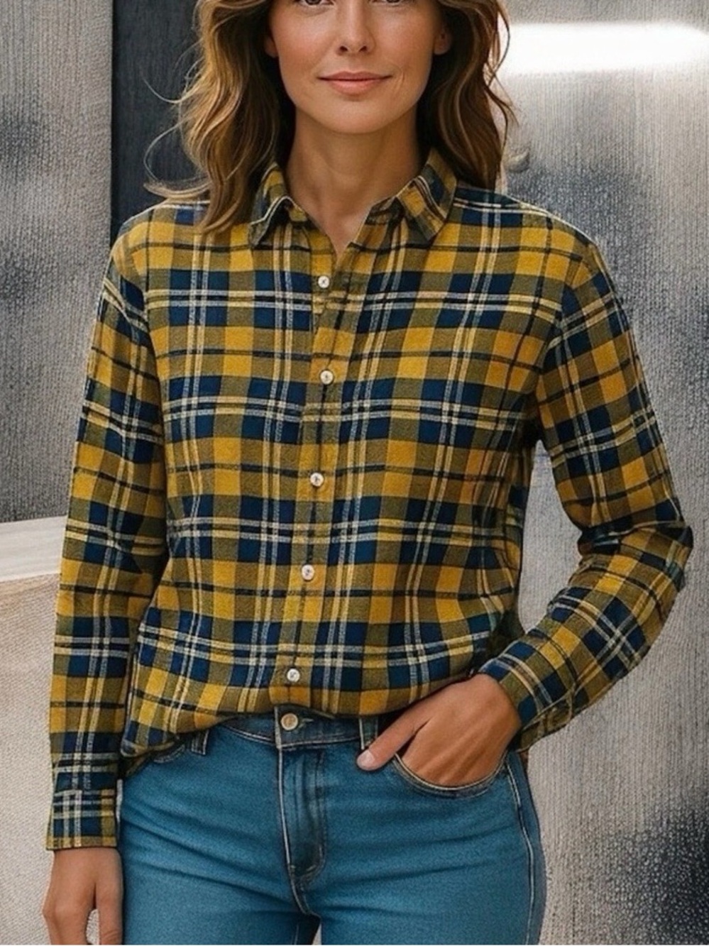 Frank & Eileen Italian Woven Finbar Plaid Flannel Shirt in Navy / Yellow